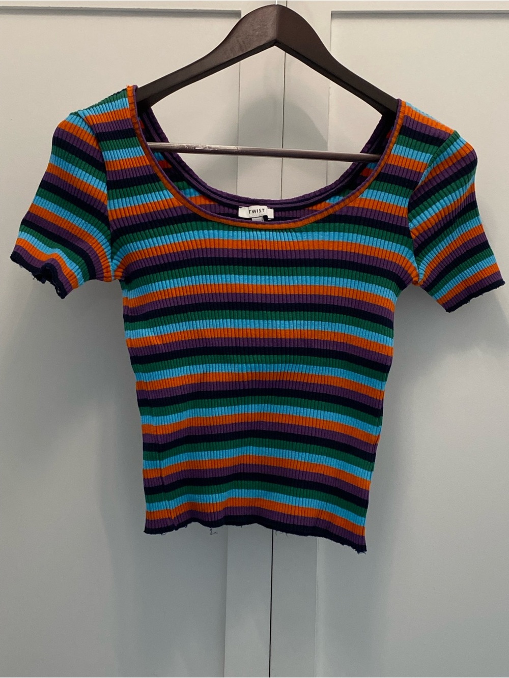 Vintage Multi-Stripe Ribbed Scoop Neck Tee - Blue, Green, Orange, Purple - Picture 2 of 11